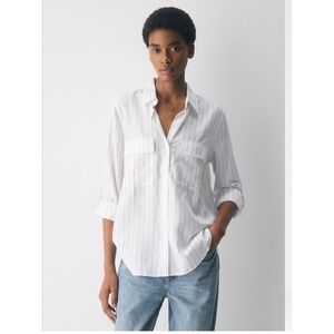 Aritzia Babaton Utility Shirt Size XS White Striped Adj Sleeves 100% Tencel